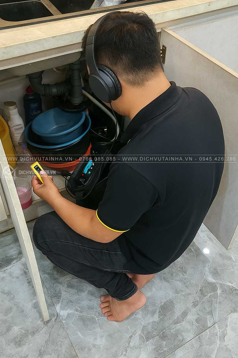 Kỹ thuật viên DICHVUTAINHA.VN đang sử dụng máy siêu âm dò tìm rò rỉ trên đường ống nước thoát chậu rửa.
